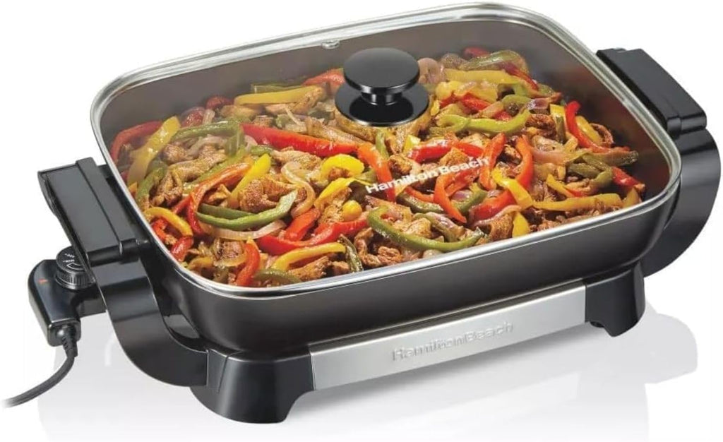 Hamilton-Beach 20.5' x 12.5' x 7.5' Durathons Ceramic Reversible Nonstick Electric Skillet, Large Cooking Surface, Adjustable Temperature Control, Easy Cleaning, Glass Lid, Black