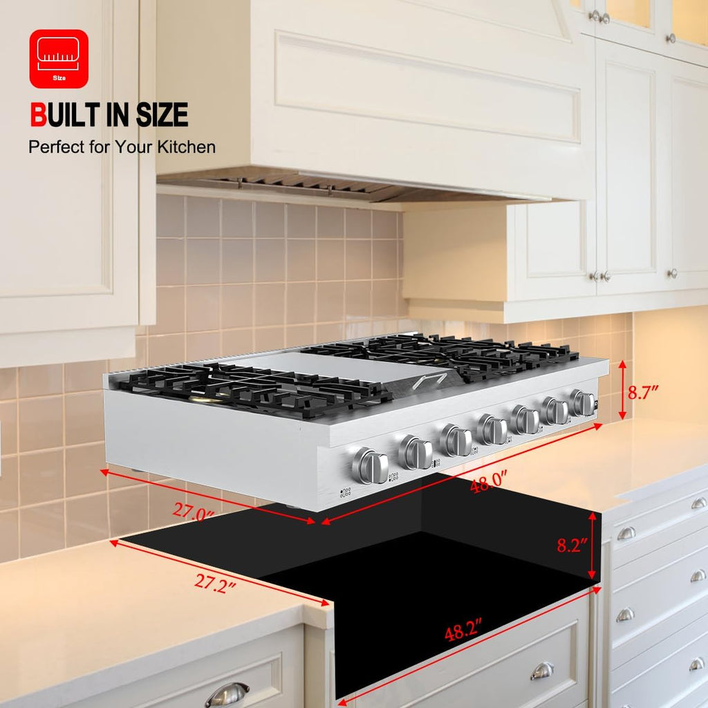 GASLAND 48 Inch Gas Cooktop, Professional Natural Gas Cooktop Slide-in Pro RT4806 with Indicator Light 6 Deep Recessed Sealed burners & Griddle, Cast Iron Grates, Re-ignition 120V Plug-in