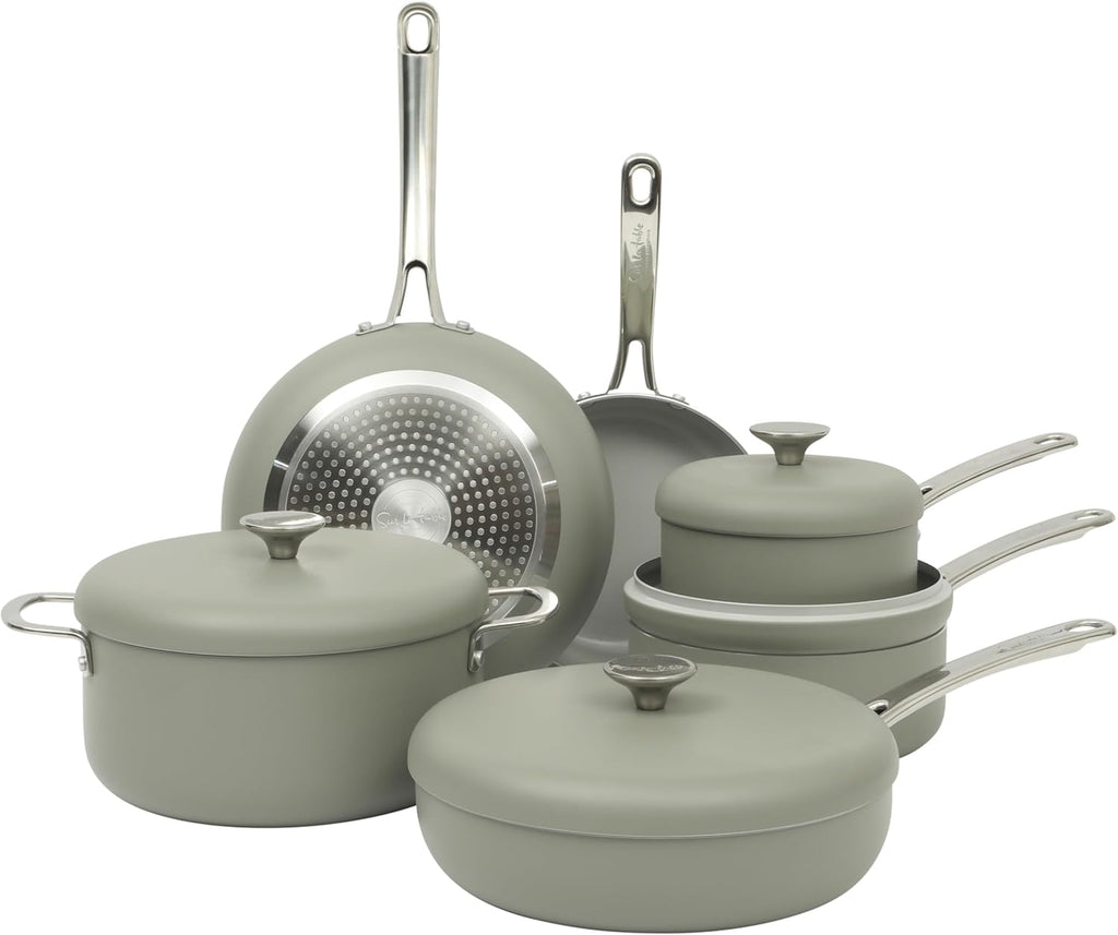 Sur La Table Kitchen Essentials Potluck Porch 10 Piece PFA Free Ceramic Non stick Interior Forged Aluminum Cookware Pots and Pans Set W/Aluminum Lids - Green - Induction Compatible
