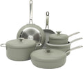 Sur La Table Kitchen Essentials Potluck Porch 10 Piece PFA Free Ceramic Non stick Interior Forged Aluminum Cookware Pots and Pans Set W/Aluminum Lids - Green - Induction Compatible