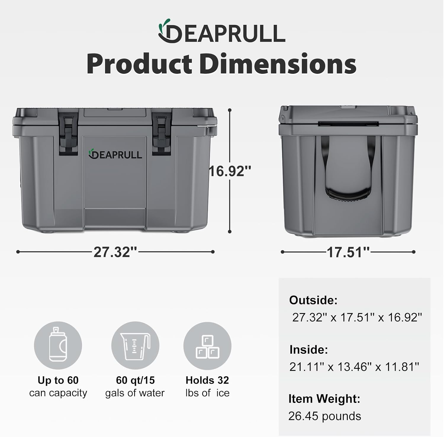 Hard Cooler, Insulated Ice Chest Box Holds Ice for More Days, Portable Cooler with Handle, Cup Holders, Double Latches for Camping Drink, Beach, Picnic, Fishing, Boat, Barbecue