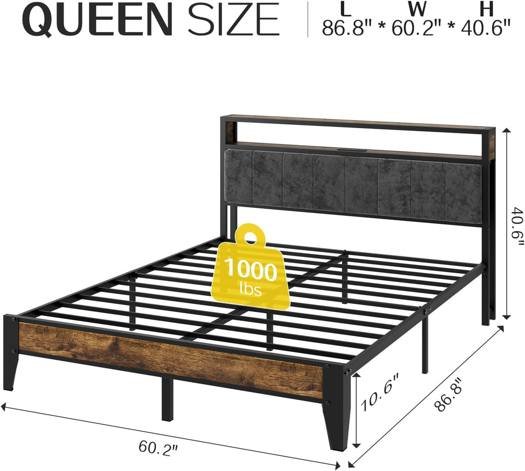 OLEVS Queen Bed Frame Metal Platform Bed Queen Size with 2-Tier Storage & LED Light Headboard, Charging Station Type C, No Box Spring Needed