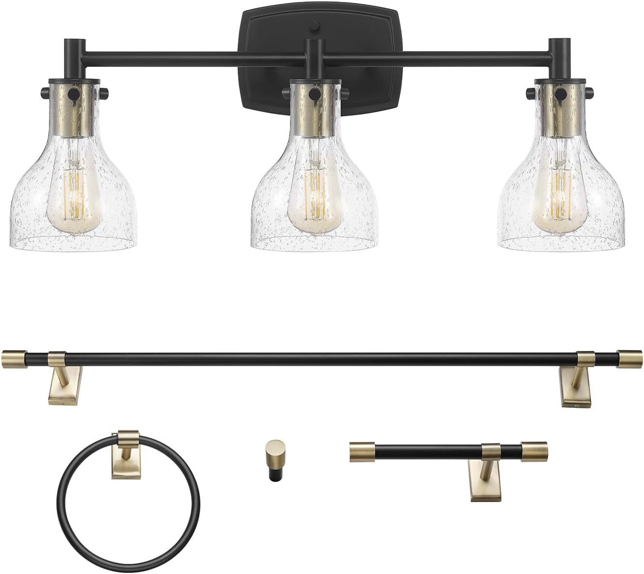 GLOBE Electric 63000062 5-Piece All-in-One Bathroom Set, Matte Black & Brass, 3-Light Vanity Light, Seeded Glass, Towel Bar, Toilet Paper Holder, Towel Ring, Robe Hook, Bathroom Lights Over Mirror