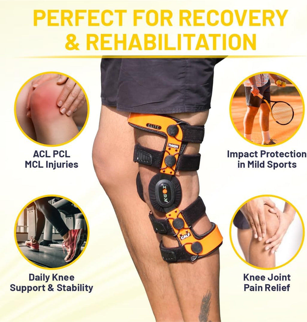 ELITE Orthopedic Knee Support Brace Adjustable Stainless-Steel Hinges, Side Stabilizer Knee brace for Ligament, Sports Injuries, Arthritis OA, Osteoarthritis Pain Relief Unisex, Orange (Size 23)