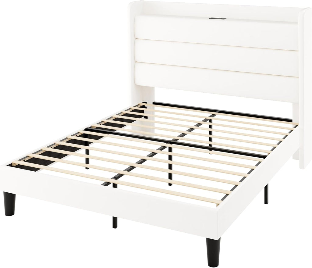 Allewie Queen Size Upholstered Bed Frame with Charging Station & Storage Headboard, Soft Velvet Wingback Platform Bed, Strong Wooden Slats Support, No Box Spring Needed, Easy Assembly, White