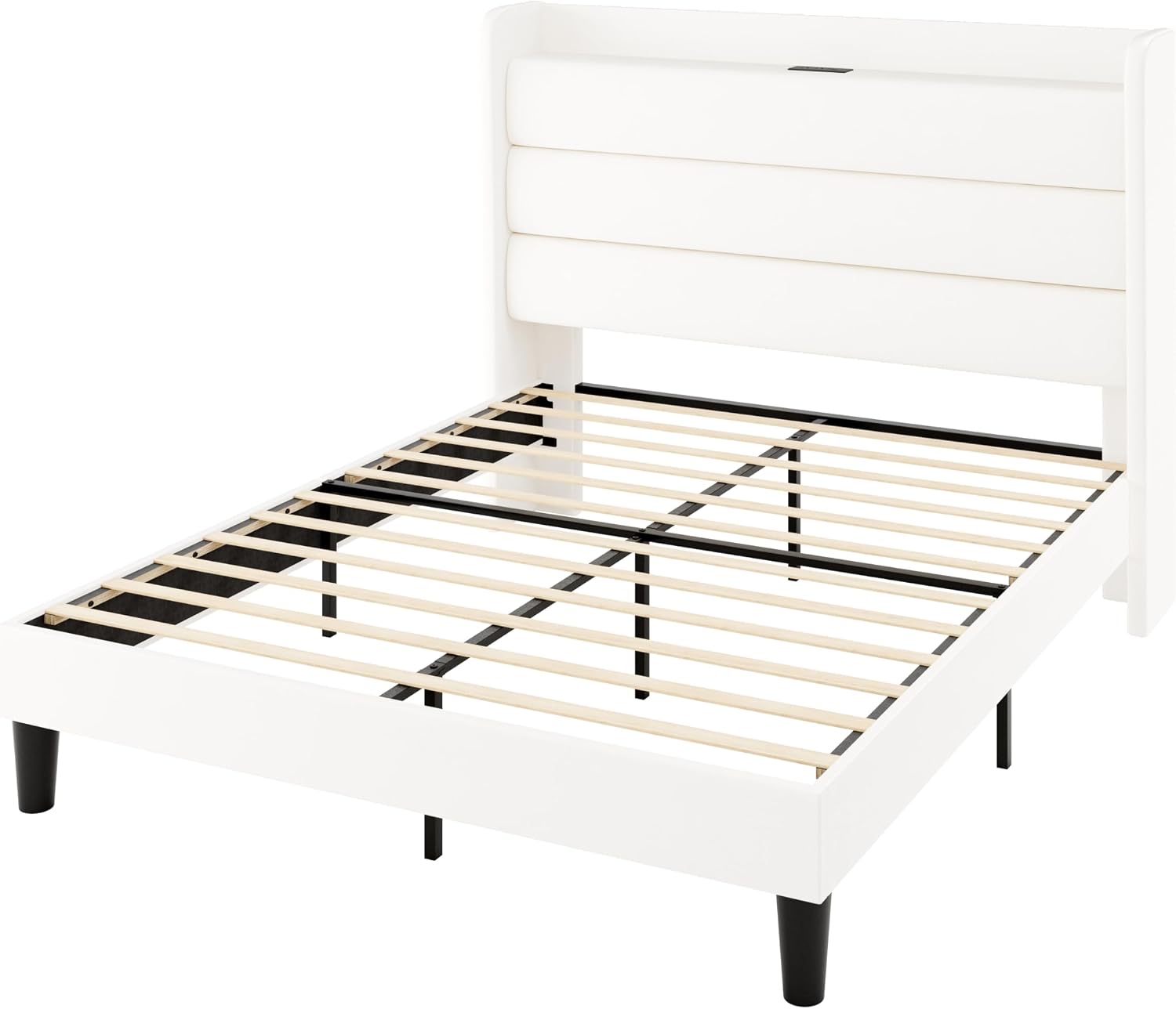 Allewie Queen Size Upholstered Bed Frame with Charging Station & Storage Headboard, Soft Velvet Wingback Platform Bed, Strong Wooden Slats Support, No Box Spring Needed, Easy Assembly, White