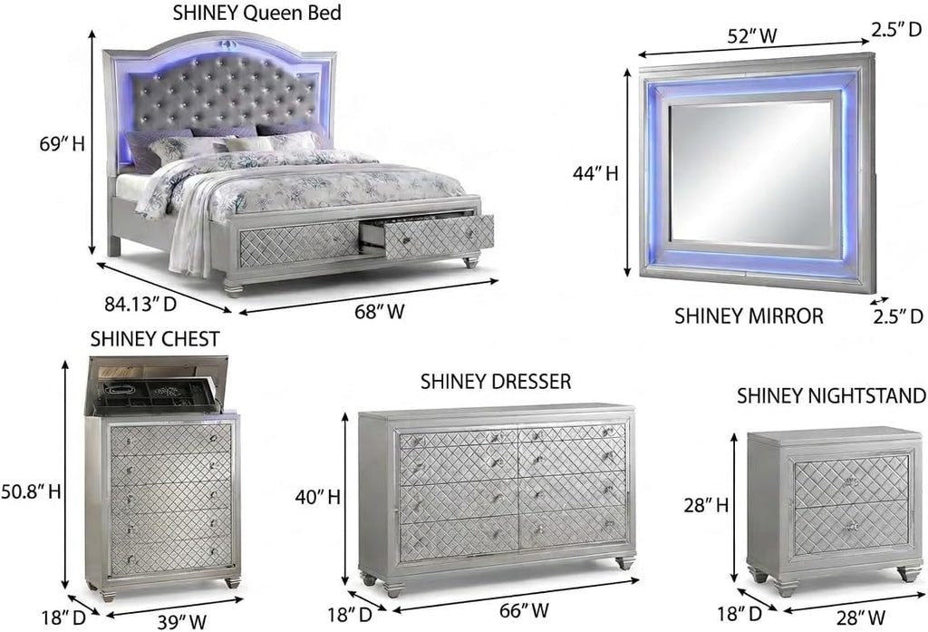 First of a Kind Shiney Contemporary 5 Piece Queen Bedroom Set High Gloss Silver Finish with Upholstered Headboard, Sleek Modern Bedroom Furniture Set for Coordinated Interiors