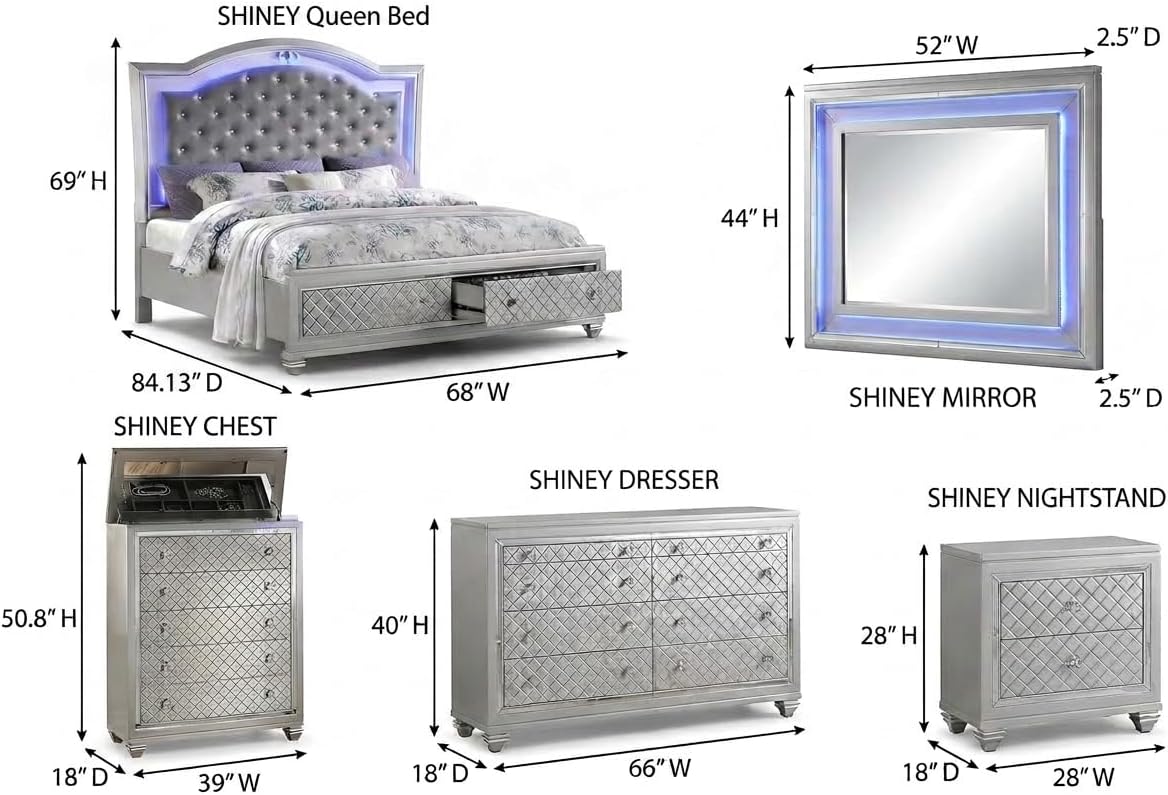 First of a Kind Shiney Contemporary 5 Piece Queen Bedroom Set High Gloss Silver Finish with Upholstered Headboard, Sleek Modern Bedroom Furniture Set for Coordinated Interiors