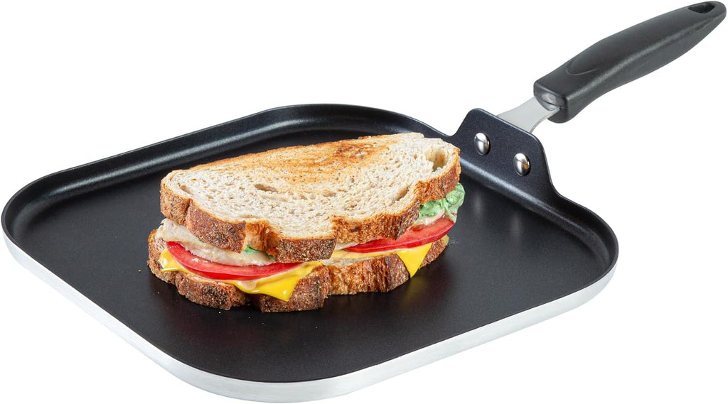 Restaurantware Nonstick Griddle Pan - 10 Count 11 x 11 Inch Aluminum Nonstick Frying Griddle With Bakelite Handle - Square Frying Pan With Even Heating - Black Cooking Surface For Home Kitchens