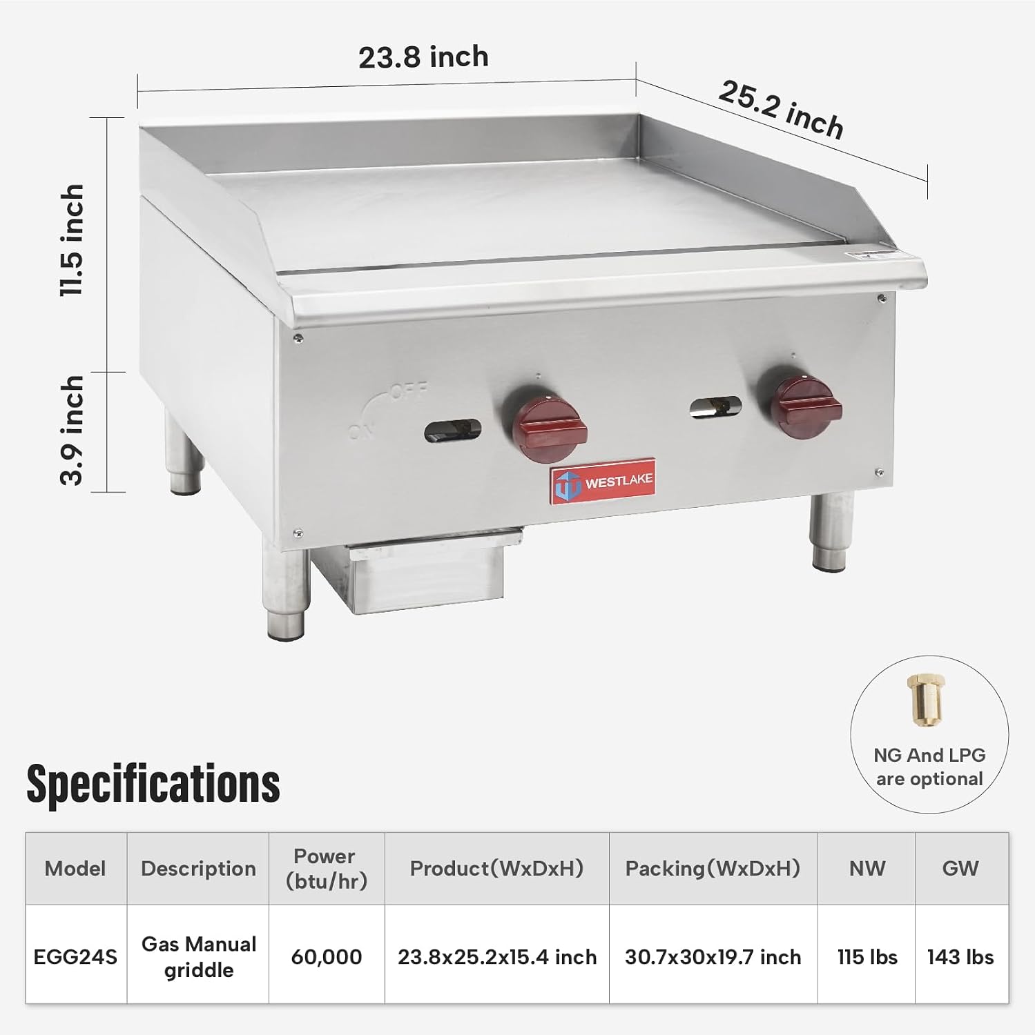 WESTLAKE 24'W Commercial Gas Griddle Countertop Natural Gas and Propane Griddle with 2 Burners 60000 BTU, Stainless Steel Plate Grill for Restaurants