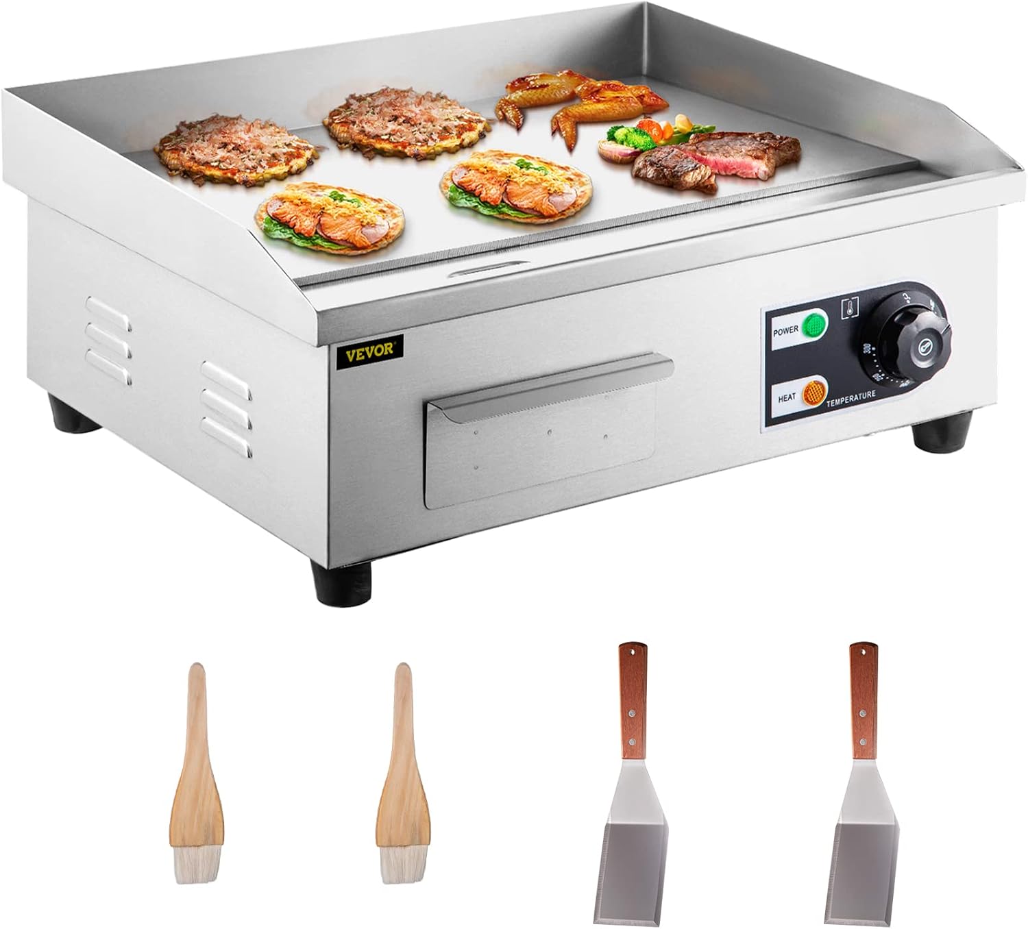 VEVOR Commercial Electric Griddle, 18' Teppanyaki Grill, 1600W Electric Flat Top Grill, Stainless Steel Electric Countertop Griddle w/Drip Hole, 50-300℃ Countertop Griddle for Pancake (No Plug)