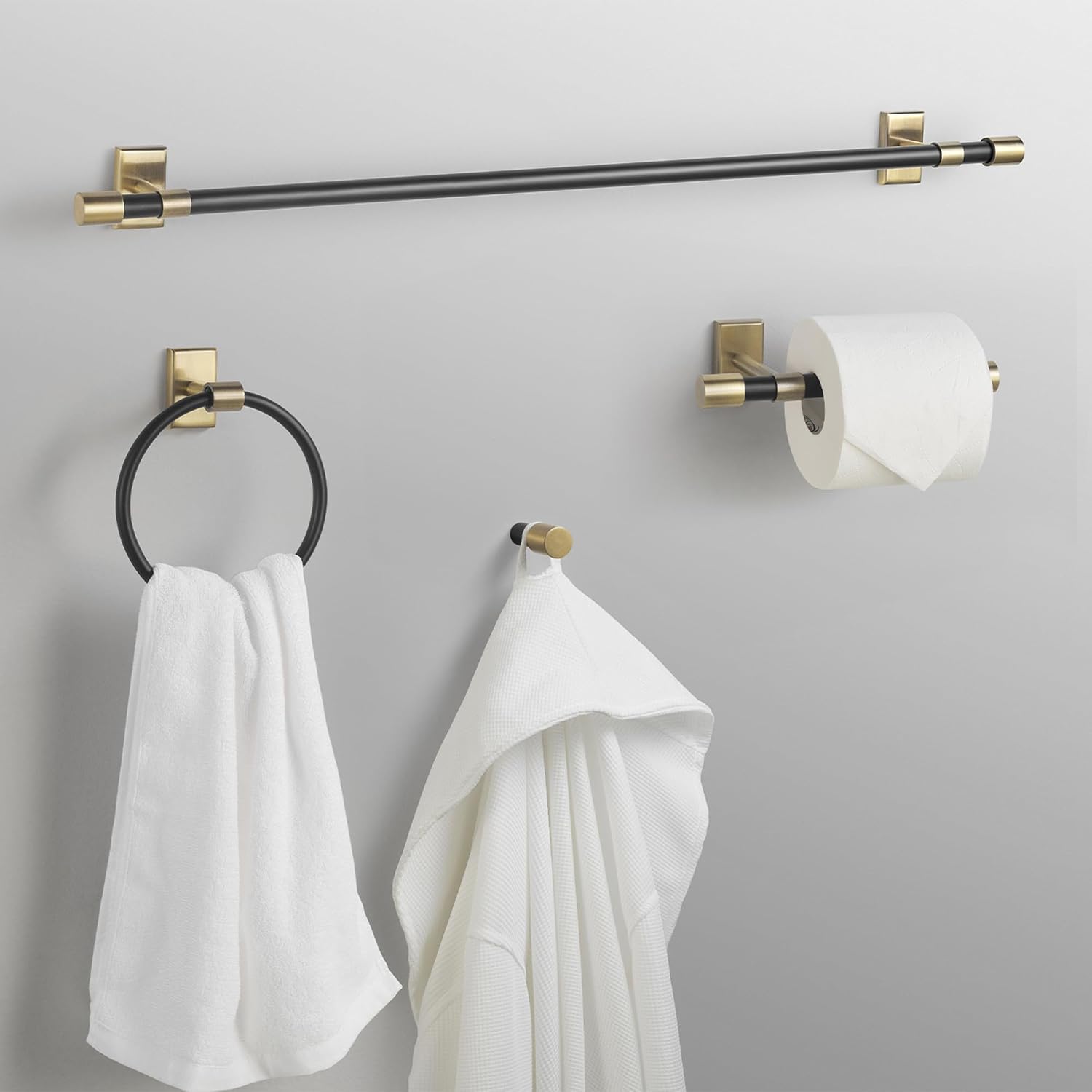 GLOBE Electric 63000062 5-Piece All-in-One Bathroom Set, Matte Black & Brass, 3-Light Vanity Light, Seeded Glass, Towel Bar, Toilet Paper Holder, Towel Ring, Robe Hook, Bathroom Lights Over Mirror