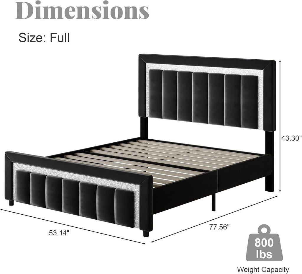 HOMBCK Full Size Bed Frame with Headboard, Velvet Upholstered Bed with Diamond Design, Full Bed with Wooden Slats Support, Mattress Foundation, No Box Spring Needed, Easy Assembly, Black