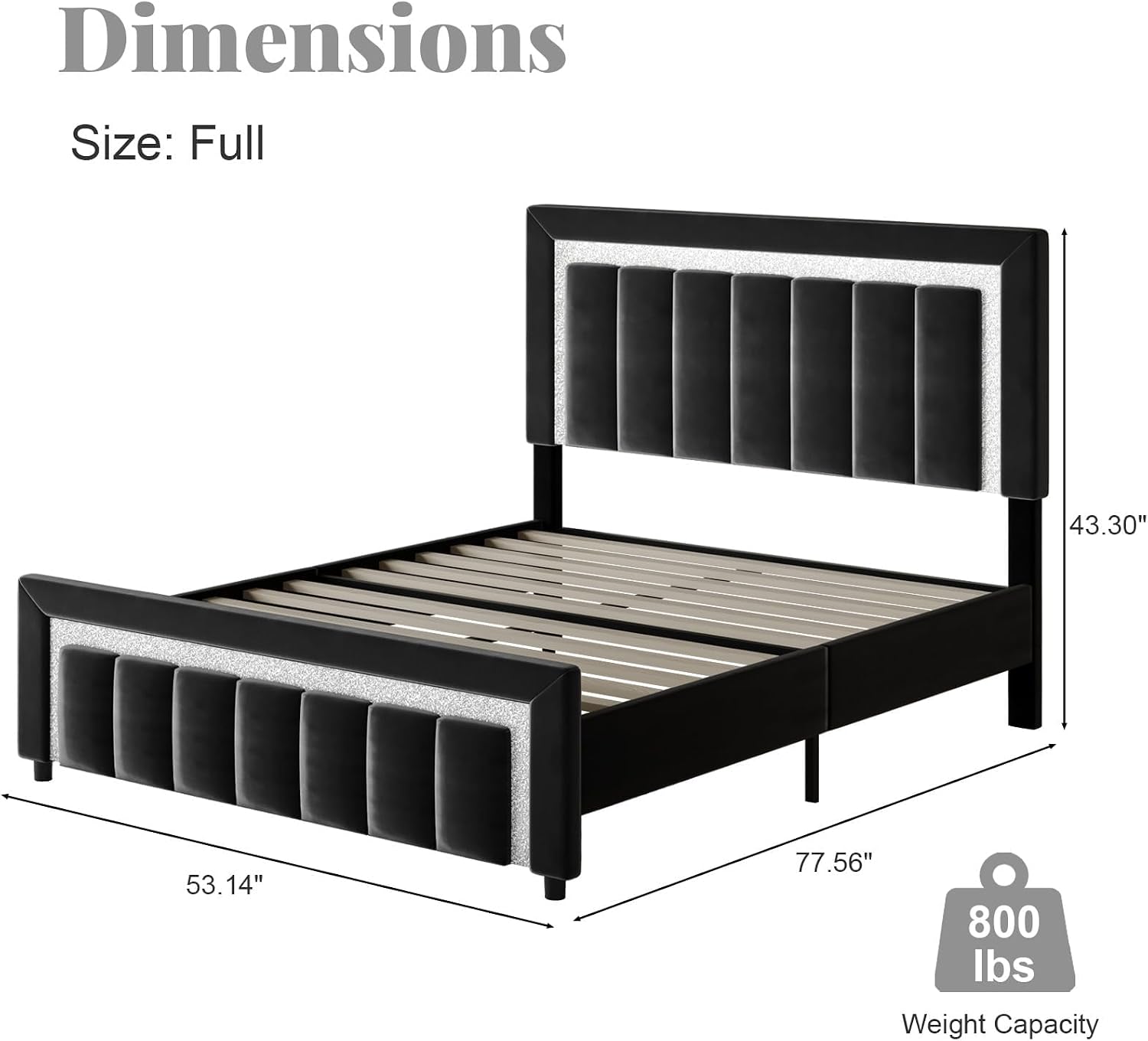 HOMBCK Full Size Bed Frame with Headboard, Velvet Upholstered Bed with Diamond Design, Full Bed with Wooden Slats Support, Mattress Foundation, No Box Spring Needed, Easy Assembly, Black