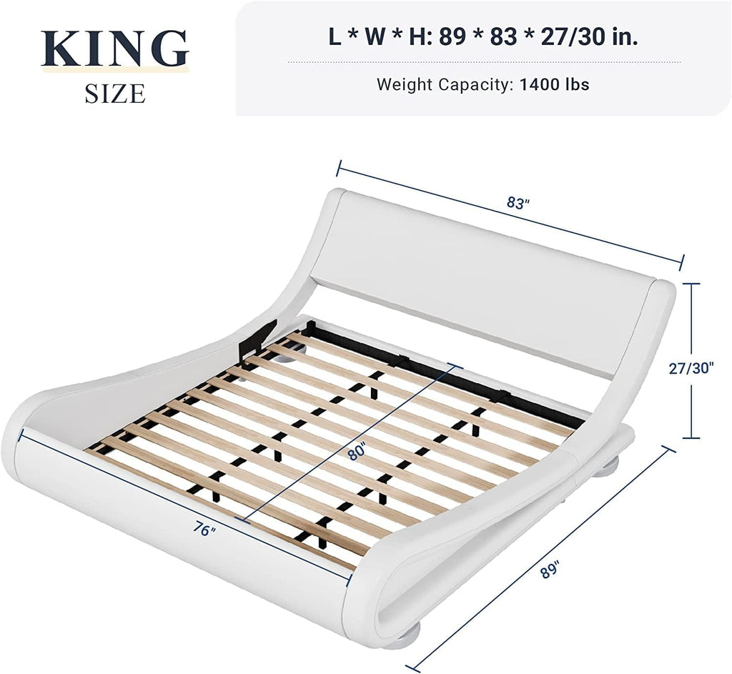 Allewie King Size Bed Frame with Ergonomic & Adjustable Headboard, Low Profile Modern Upholstered Platform Sleigh Design - Easy Assembly, No Box Spring Required, White