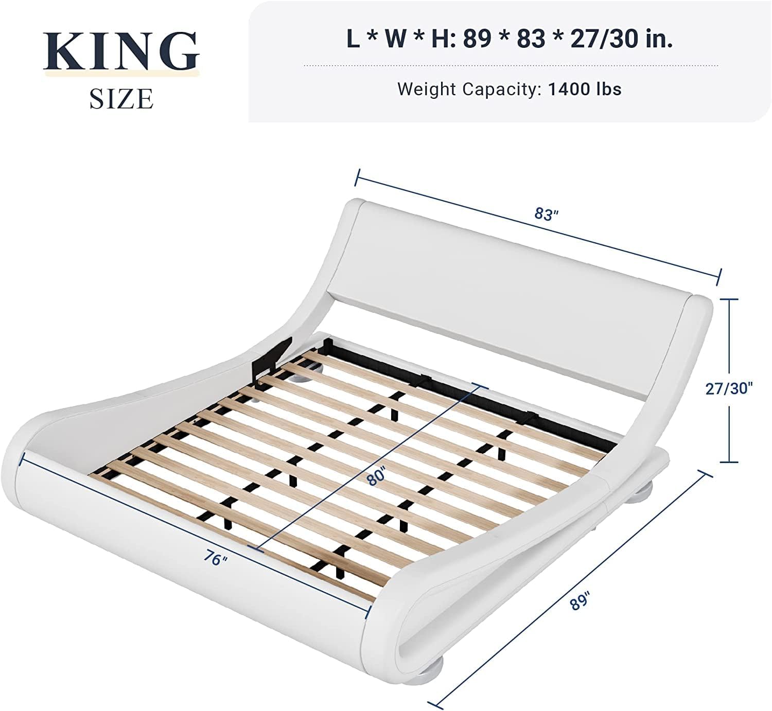Allewie King Size Bed Frame with Ergonomic & Adjustable Headboard, Low Profile Modern Upholstered Platform Sleigh Design - Easy Assembly, No Box Spring Required, White