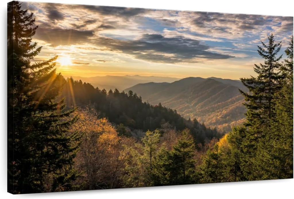 ElephantStock Sunrise In Smoky Mountains Canvas - 1 Panel Mountain Pictures Wall Decor - Nature Wall Art, Mountain Canvas Photography - Mountains Wall Art for Nature Lovers - 36' X 24'