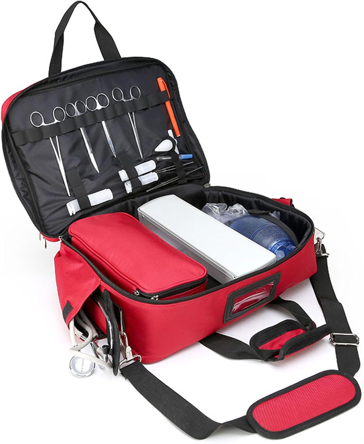 Compact Professional First Aid Kit, Portable Medical Visit Shoulder Bag, Multi-Compartment Supplies Refrigerated Storage(Red)