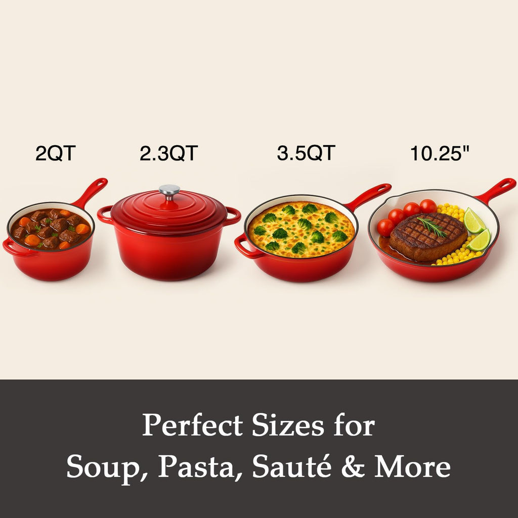 QuliMetal Nonstick Enameled Cast Iron Cookware Set, 4-Piece Pots and Pans Set with Lids, Dutch Oven for Sourdough Bread Baking, Oven Safe up to 500°F, Compatible with All Stovetops