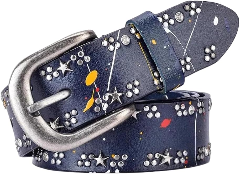 Women Genuine Leather Belt Colorful Rivet Vintage Style For Jeans Streetwear
