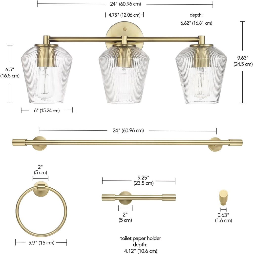 GLOBE Electric 63000063 5-Piece All-in-One Bathroom Set, Matte Brass Finish, 3-Light Vanity Light, Glass Shades, Towel Bar, Toilet Paper Holder, Towel Ring, Robe Hook, Bathroom Lights Over Mirror