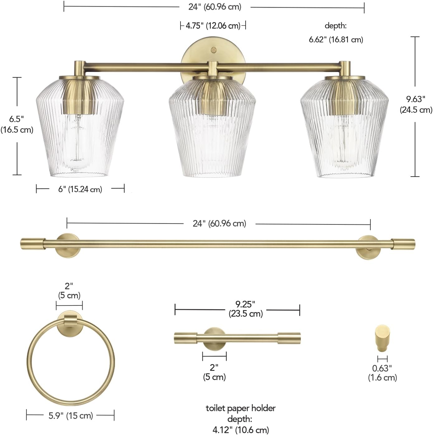 GLOBE Electric 63000063 5-Piece All-in-One Bathroom Set, Matte Brass Finish, 3-Light Vanity Light, Glass Shades, Towel Bar, Toilet Paper Holder, Towel Ring, Robe Hook, Bathroom Lights Over Mirror