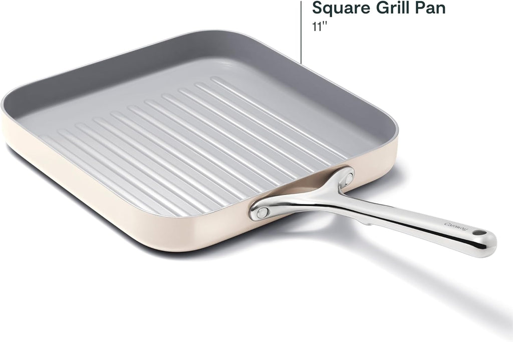 Caraway Square Grill Pan - 11' Grill Pan - Non-Stick Ceramic Coated - Non Toxic, PTFE & PFOA Free - Oven Safe & Compatible with All Stovetops - Cream