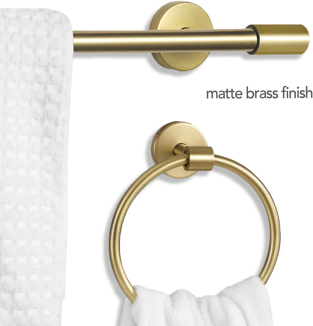 GLOBE Electric 63000063 5-Piece All-in-One Bathroom Set, Matte Brass Finish, 3-Light Vanity Light, Glass Shades, Towel Bar, Toilet Paper Holder, Towel Ring, Robe Hook, Bathroom Lights Over Mirror