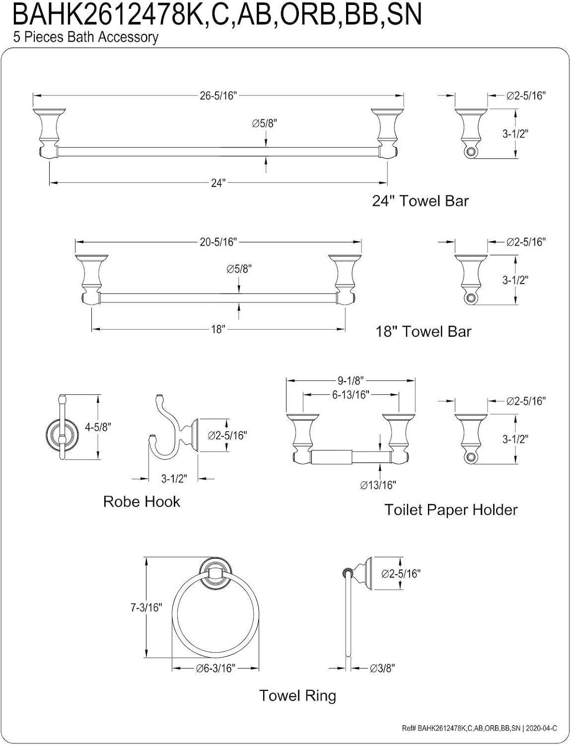 Kingston Brass BAHK2612478BB Provence Bathroom Hardware Set, Brushed Brass, 24 x 3.5 x 2.56