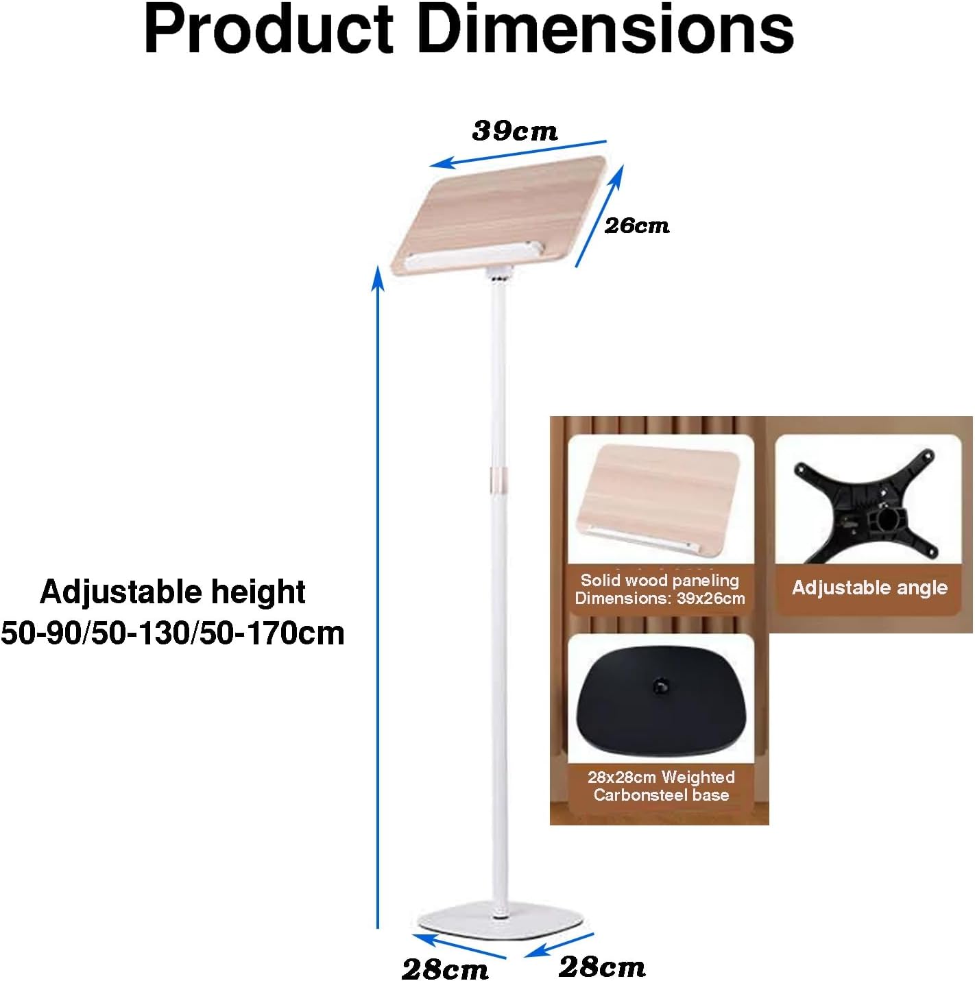 Floor Standing Reading Stand,Wooden Laptop Display Rack,Height Adjustable Book Holder/Music Sheet,with Page Clips,15kg Load Capacity(50-90cm)