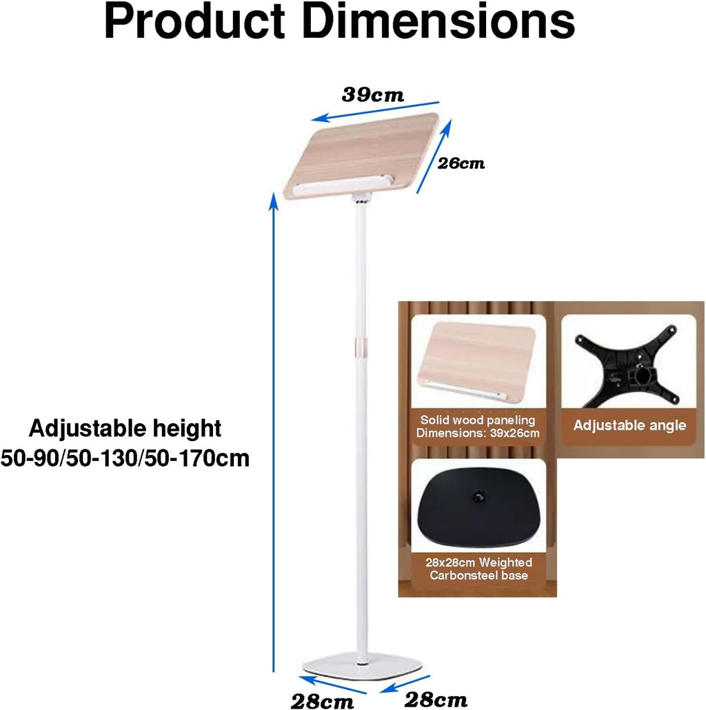 Floor Standing Reading Stand,Wooden Laptop Display Rack,Height Adjustable Book Holder/Music Sheet,with Page Clips,15kg Load Capacity(50-130cm)