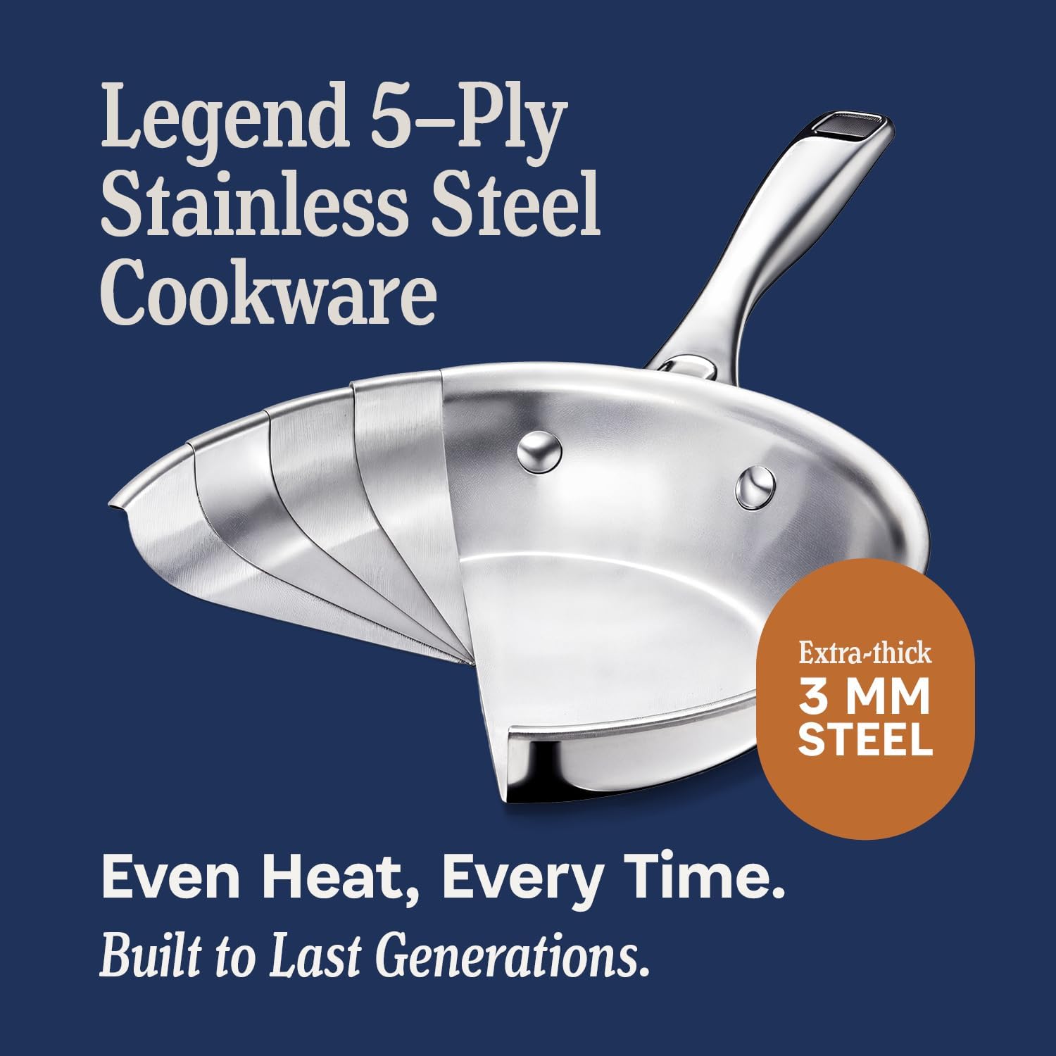 LEGEND COOKWARE 5-Ply Stainless Steel 12-Inch Frying Pan with Lid - Induction Compatible, Oven Safe 800°F - Non-Toxic, No Coatings - Even Heating, Won't Warp - Built to Last Generations