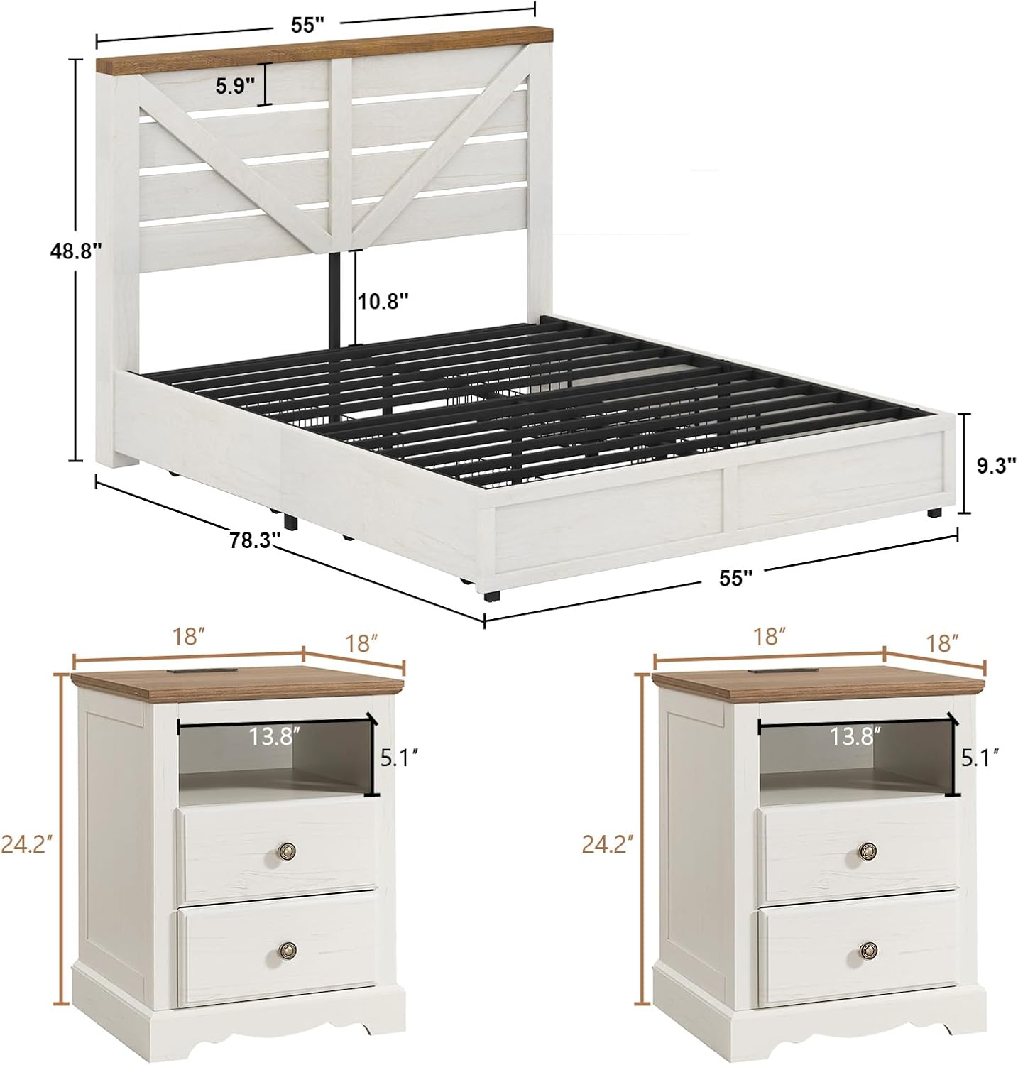 AMERLIFE 3 Piece Bedroom Set Including Farmhouse Full Size Bed Frame with 4 Drawers, Nightstands Set of 2 with Charging Station for Bedroom, White