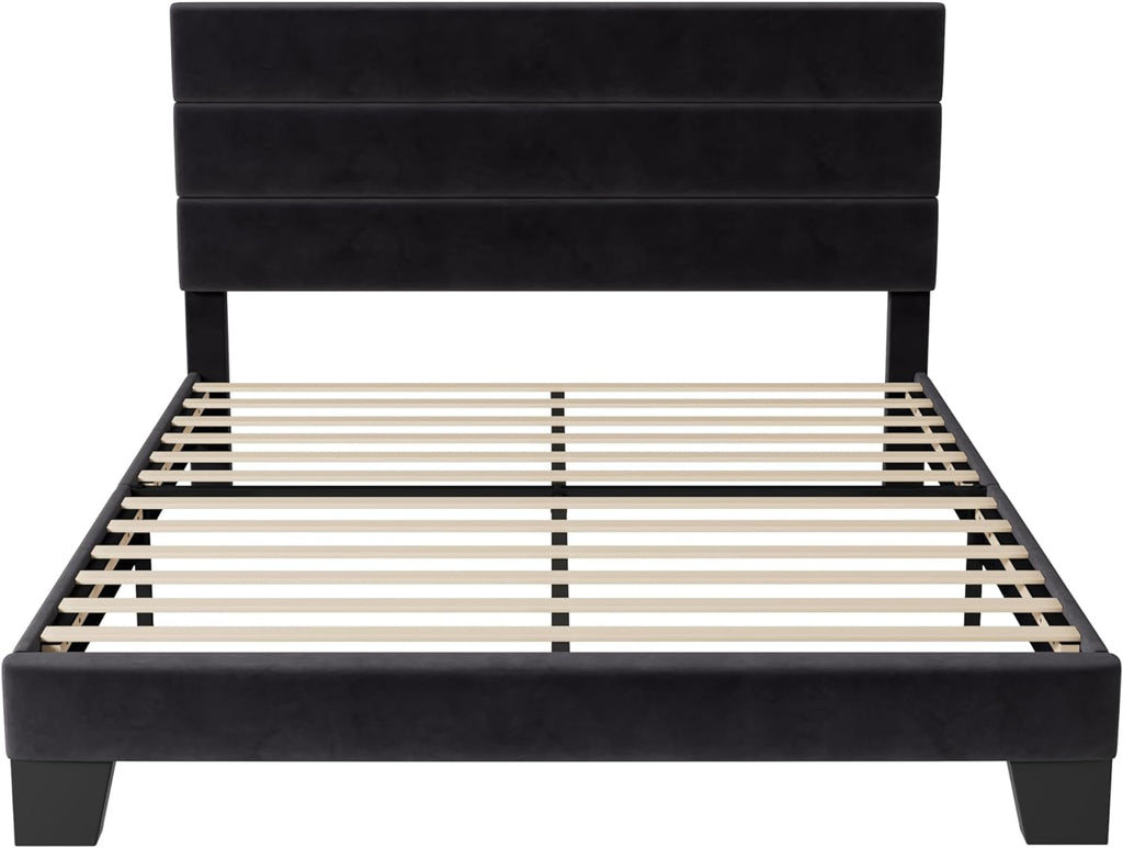 Allewie Full Size Platform Bed Frame with Velvet Upholstered Headboard and Wooden Slats Support, Fully Upholstered Mattress Foundation/No Box Spring Needed/Easy Assembly, Black