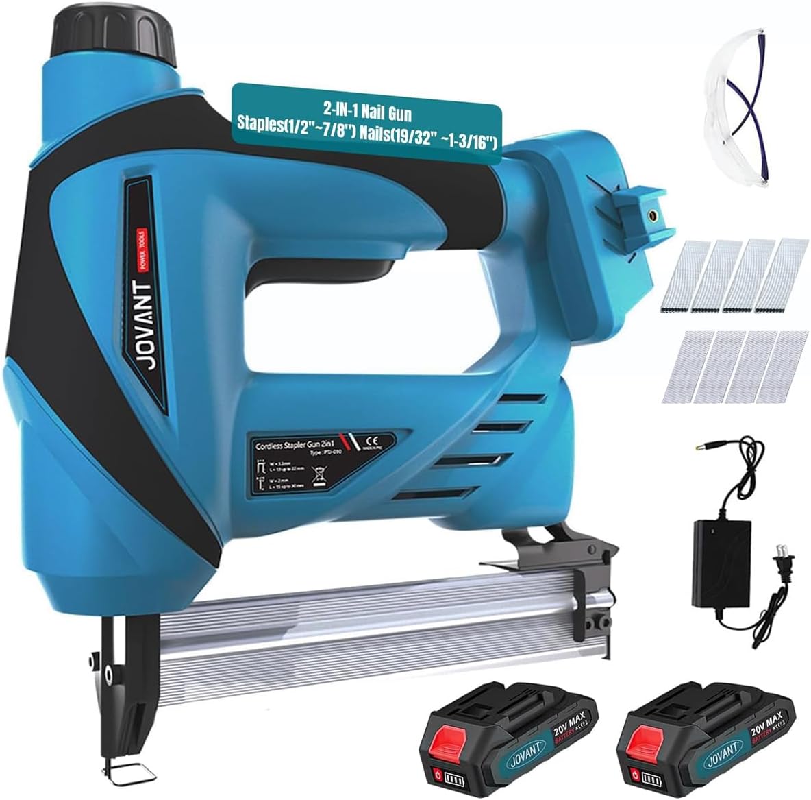 Nail Gun Battery Powered, Cordless Nail Gun with 2 * 2.0Ah Li-ion Battery, 20V 2 in 1 Electric Nail Gun with Staple Remover, Battery Nail Gun for Upholstery, Small Projects and Woodworking