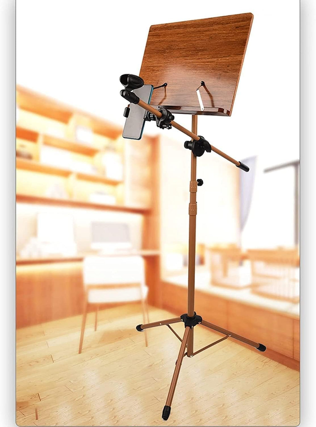 Sheet Music Stand, Music Stands Portable Solid Wood Music Holder with Microphone Stand Adjustable Height Folding Sheet Music Stands