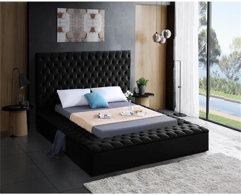 Meridian Furniture Bliss Collection Modern | Contemporary Velvet Upholstered Bed with Deep Button Tufting and Storage Compartments in Rails and Footboard, Black, Full