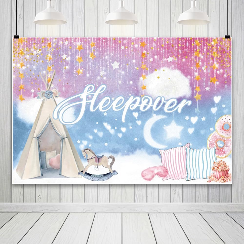 20x10ft Sleepover Party Backdrop for Girls Movie Night Slumber Party Birthday Party Decorations Colorful Pajama Girls Pillow Fight Theme Background Spa Makeup Night Banner Cake Table Supplies