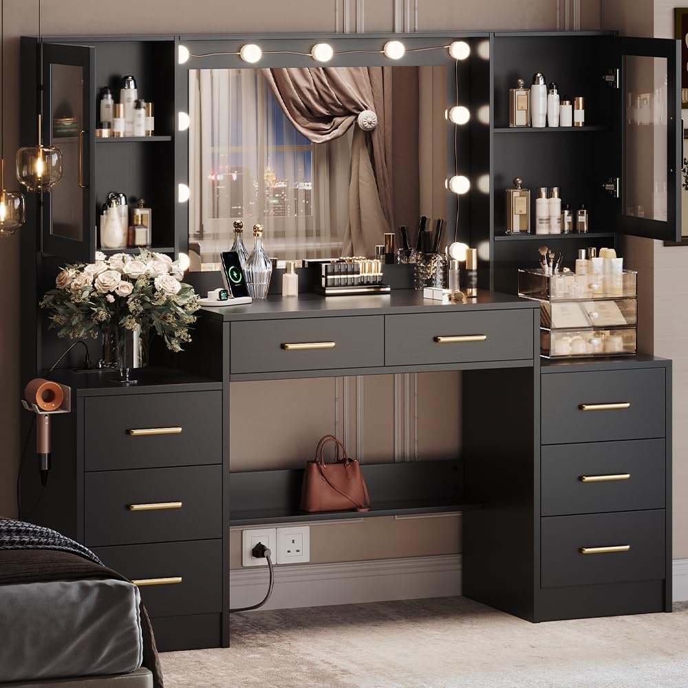 TOKSOM Black Vanity Desk with Mirror, Lights & Charging Station, 58.3' 3 Lighting Modes Makeup Desk with 8 Drawers, 2 Cabinets and Lots Storage, Dressing Table Vanity Set with Lighted Mirror