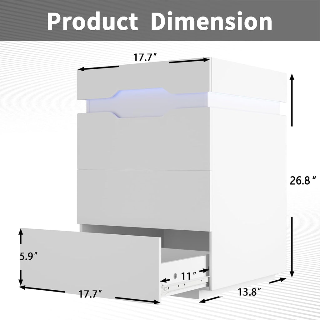 YESHOMY Nightstand with LED Light and Charging Station, Endtable with 3 Drawers, Bedside Table with Large Capacity, for Bedroom, Set of 2, 27.5' Height, White