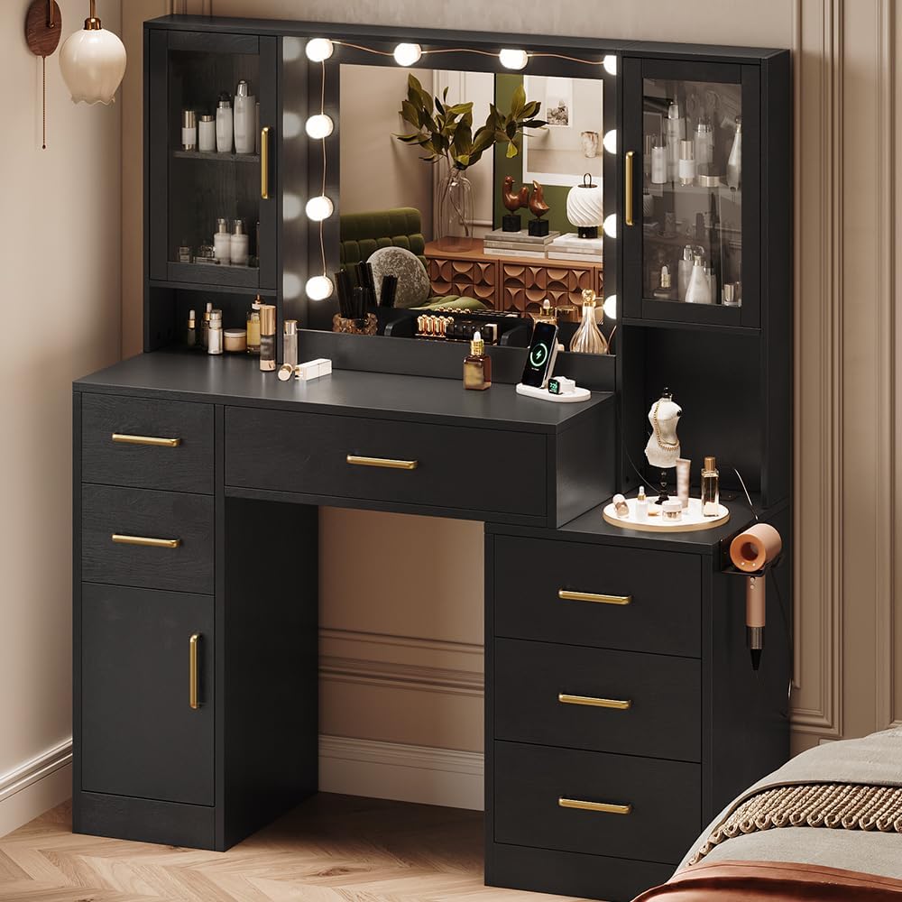 TOKSOM Makeup Vanity Desk with Mirror and Lights, 51' Makeup Vanity with Lights & Charging Station, Dressing Table Vanity Set for Bedroom, Vanity Table with 6 Drawers and 3 Cabinet Black