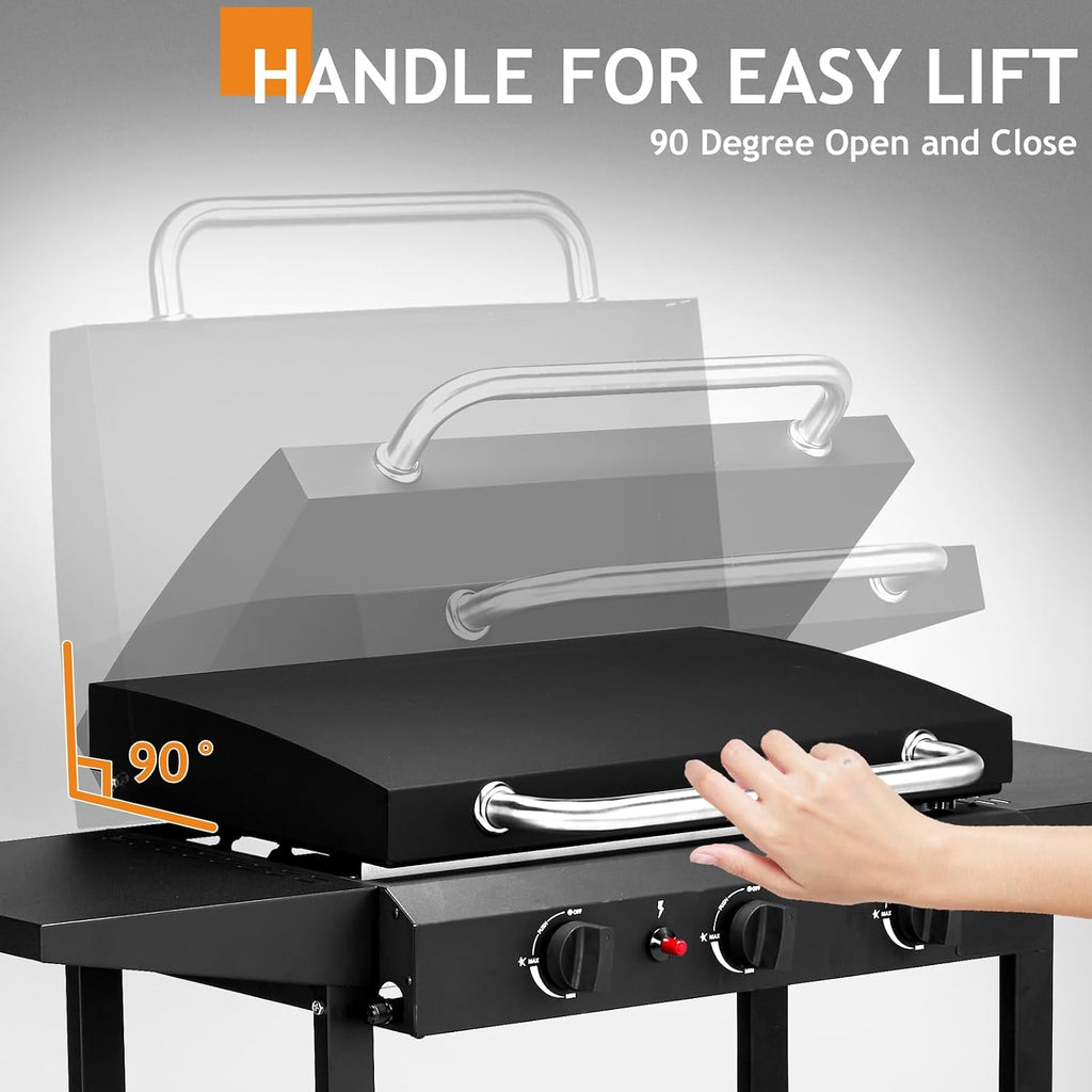 Portable 3-Burner Flat Top Gas Griddle with Side Shelves and Spice Rack, Cooking Station with Ceramic Coated Cast Iron Pan, 30000 BTU Propane Tabletop Griddle for Outdoor Barbecue, Grilling