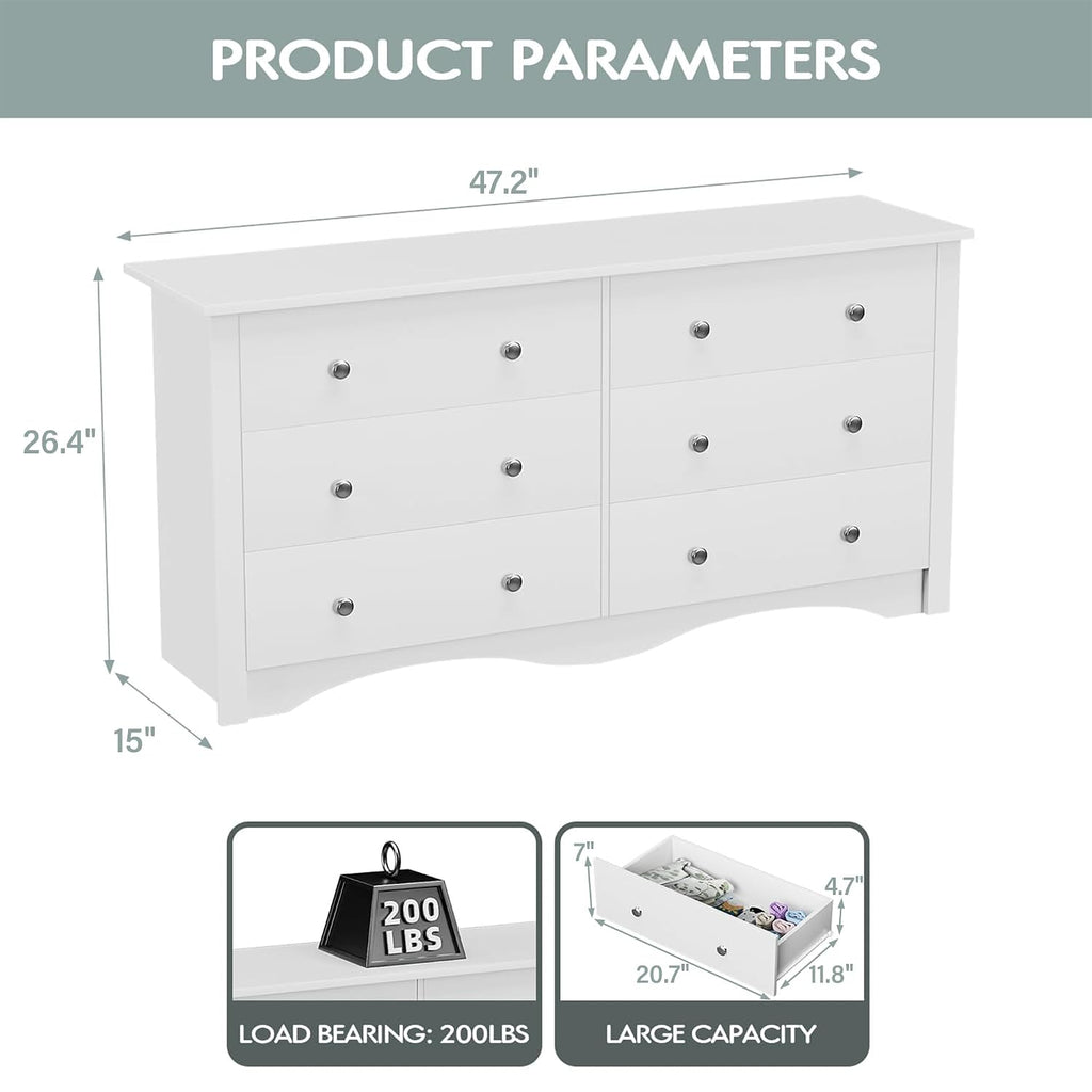 YESHOMY Dresser for Bedroom with 6 Drawers, Modern Chest of Drawers, Wooden Dressers, TV Stand for Living Room,Closet, Hallway (Pure White)