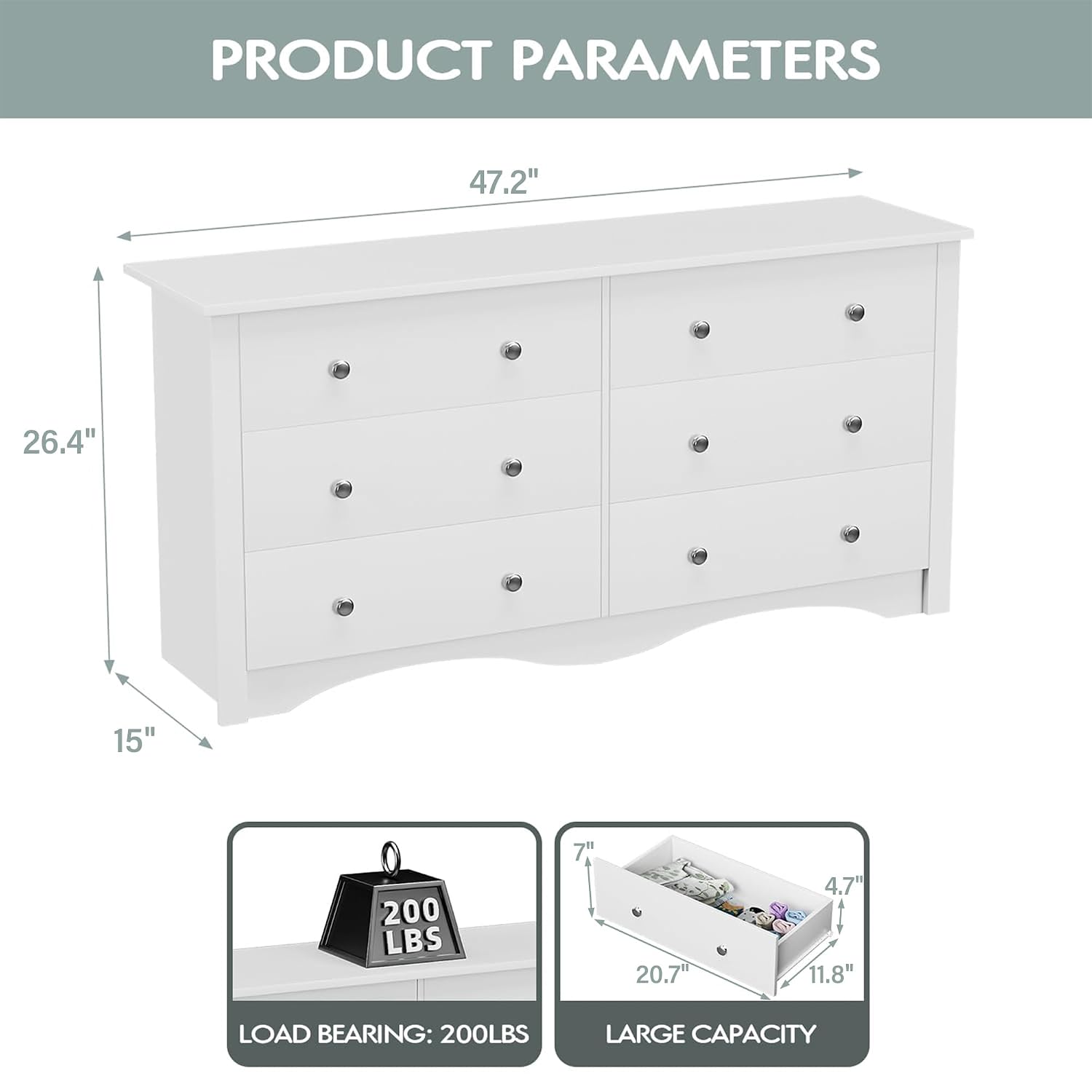 YESHOMY Dresser for Bedroom with 6 Drawers, Modern Chest of Drawers, Wooden Dressers, TV Stand for Living Room,Closet, Hallway (Pure White)