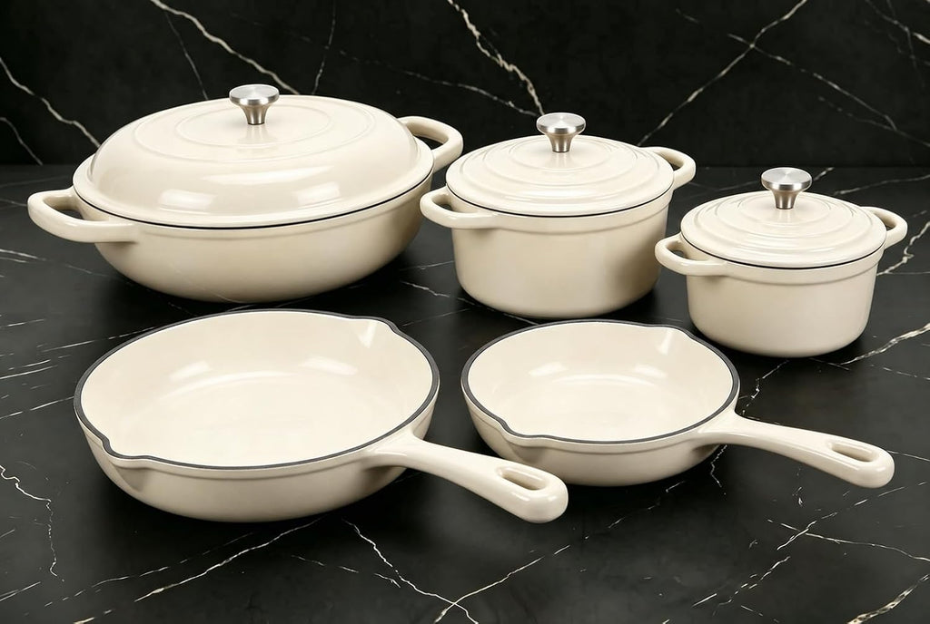 Nonstick Enameled Cast Iron Cookware Set - 8 Piece Pots and Pans with Lid, Frying Pan, Skillet, Dutch Oven Set for All Stovetops, Ideal for Sourdough Bread Baking, Comes with Organizer, Cream White