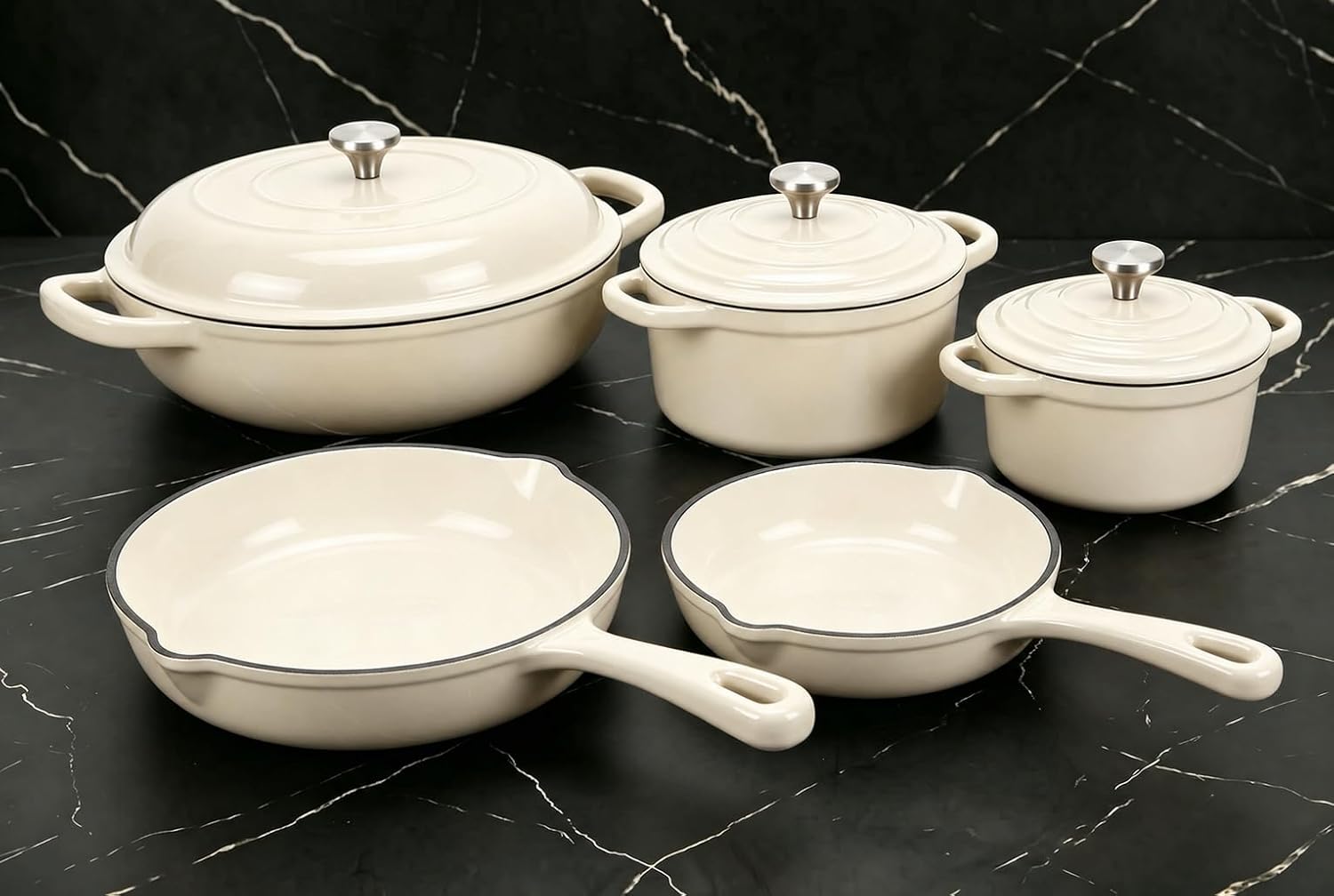 Nonstick Enameled Cast Iron Cookware Set - 8 Piece Pots and Pans with Lid, Frying Pan, Skillet, Dutch Oven Set for All Stovetops, Ideal for Sourdough Bread Baking, Comes with Organizer, Cream White