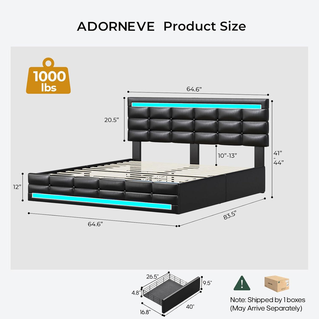 ADORNEVE Queen Bed Frame with 4 Storage Drawers, Upholstered Headboard with Charging Station & LED Lights, Metal and Wood Platform Bed, No Box Spring Needed, Easy Assembly, Black