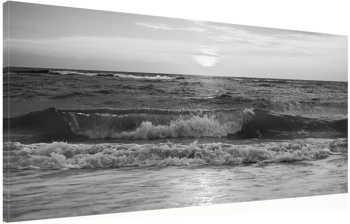 Large Modern Black and White Ocean Beach Sea Waves Canvas Wall Art Framed Artwork for Bedroom Living Room Office Wall Decor-58'x29'inch