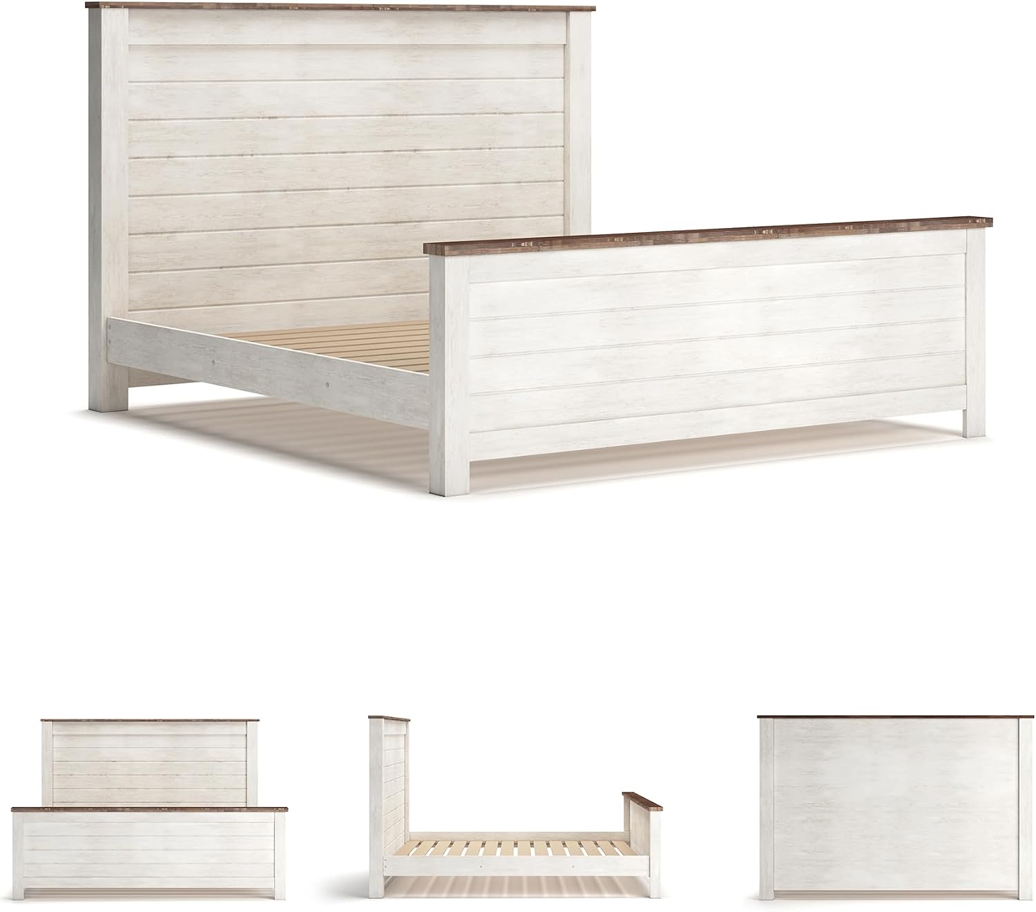 Signature Design by Ashley Willowton Shabby Chic Queen Panel Bed with Metal Slats, Foundation or Box Spring Needed, Whitewash