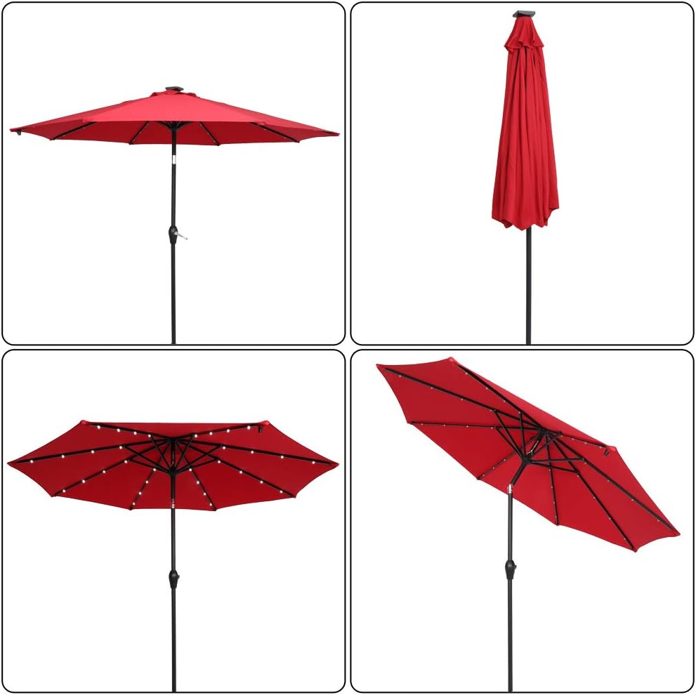Patio Umbrella 9FT Round Outdoor Market Table Umbrella Waterproof Folding Sunshade Umbrella with Solar LED Light for Outdoor Beach Deck Garden Party Decoration (Without Unbrella Base, Wine Red)